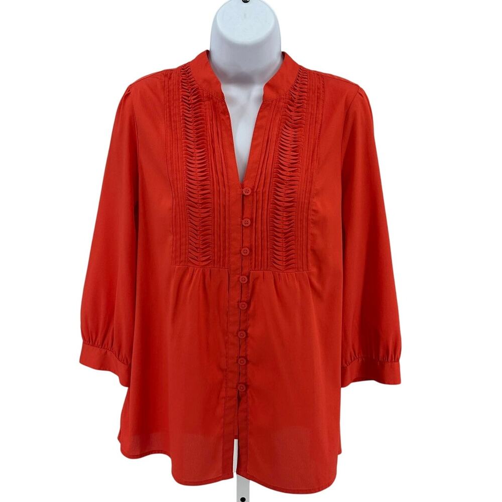 Banana Republic Blouse WMNS PM Red/Orange 3/4 Sleeve V-Neck Pintuck Button Up